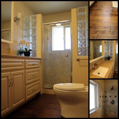 A collage of a bathroom: a cream vanity, a toilet, a shower with a glass-block panel and a wood floor.