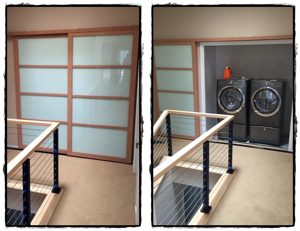 Two views of frosted-glass sliding doors on a landing with a cable railing: closed, then open to a washer and dryer.